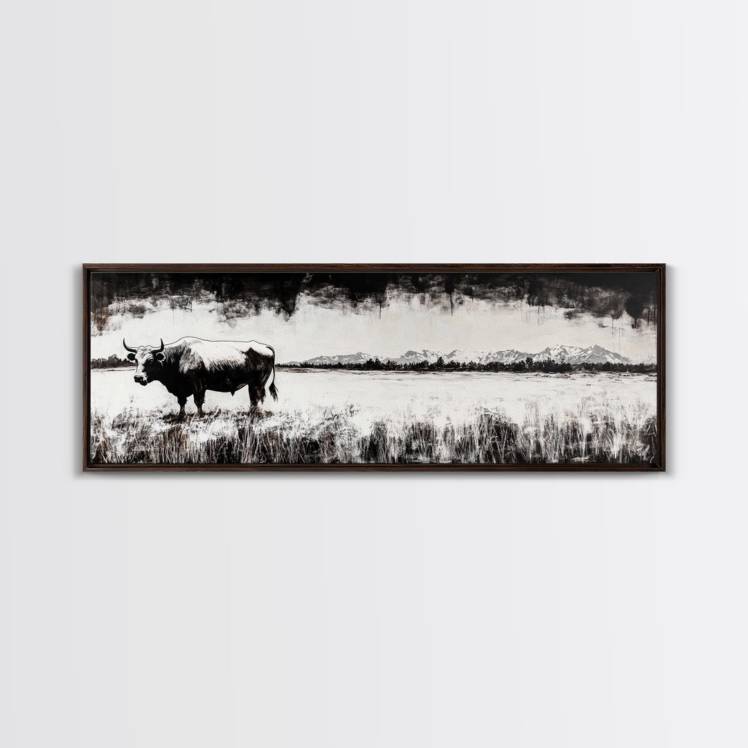 Bull and bear art, black and white painting, rustic wall art, farmhouse decor, extra wide art, framed canvas print, moody art, landscape painting