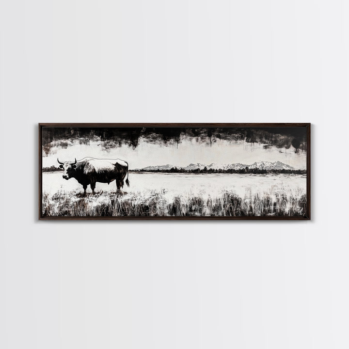 Bull and bear art, black and white painting, rustic wall art, farmhouse decor, extra wide art, framed canvas print, moody art, landscape painting