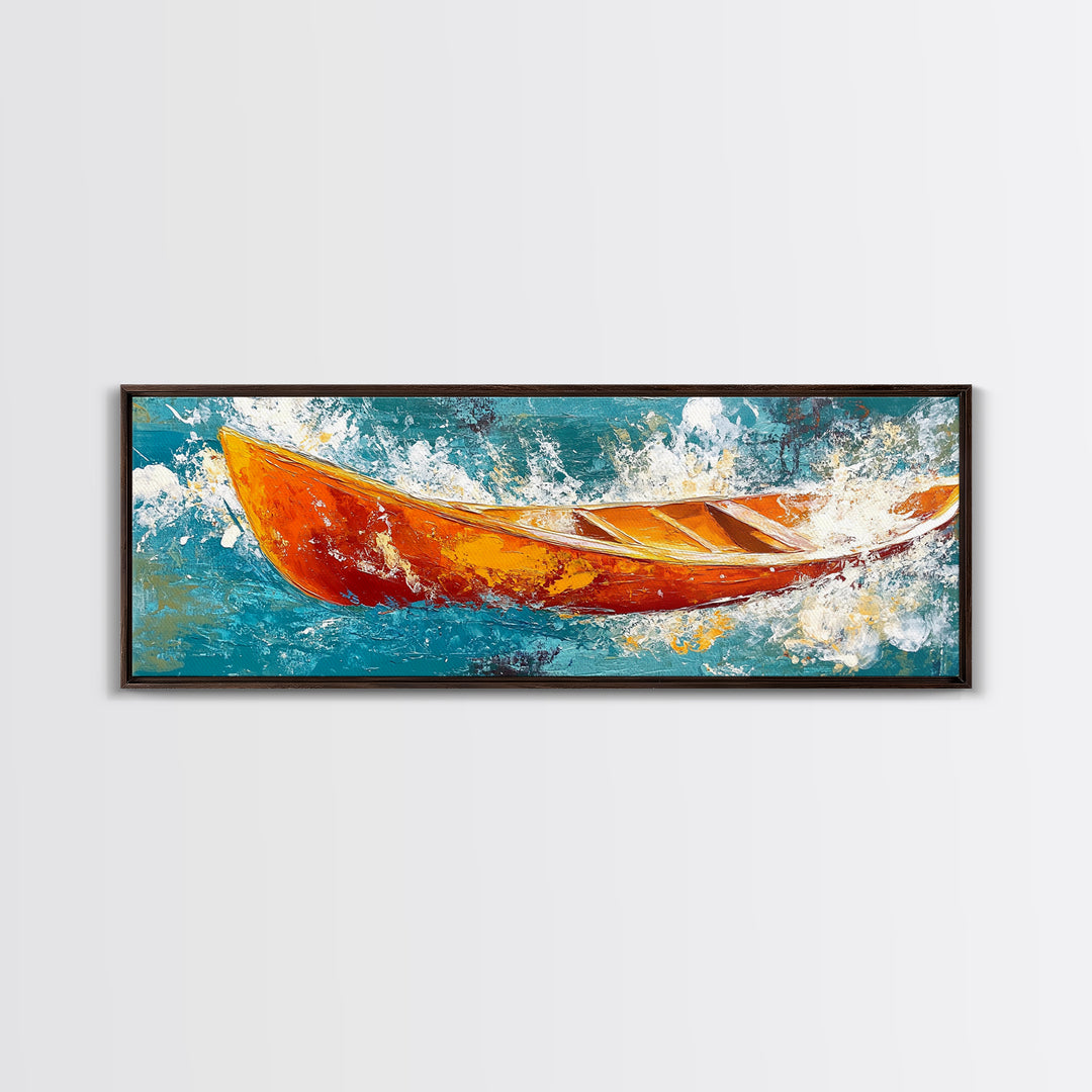 Boat in Waves, coastal wall art, nautical painting, extra wide horizontal art, ocean decor, farmhouse art, framed canvas print