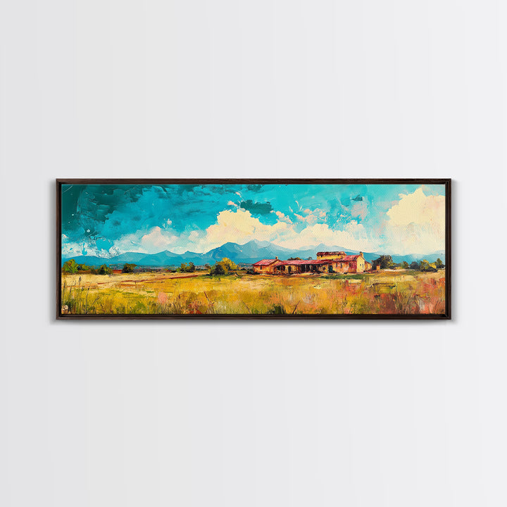 Desert Homestead, western wall art, rustic art, farmhouse painting, southwest landscape painting, extra wide art, framed canvas print