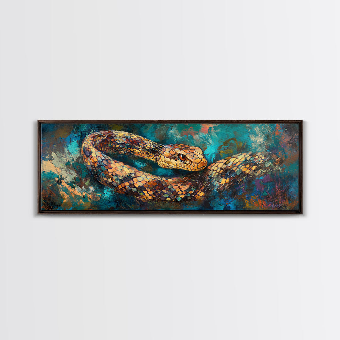 Coiled Serpent, moody art, snake painting, dark romance art, gothic decor, rustic wall art, panoramic wall art, framed canvas print