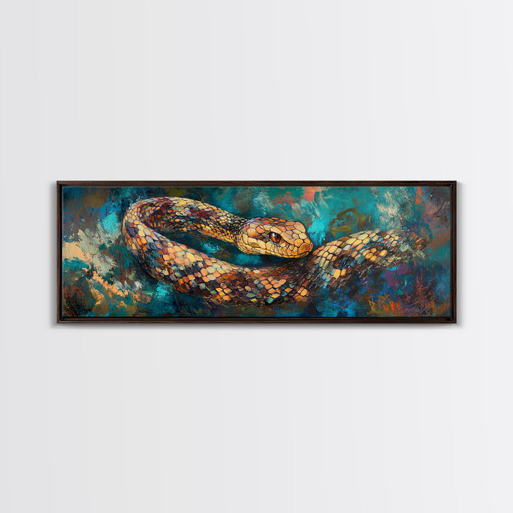 Coiled Serpent, moody art, snake painting, dark romance art, gothic decor, rustic wall art, panoramic wall art, framed canvas print