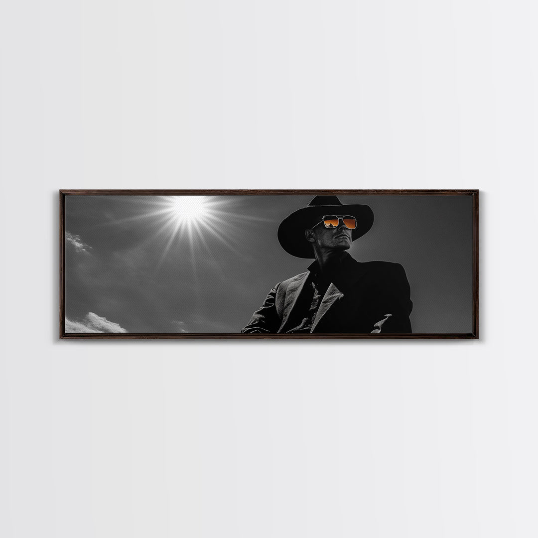 Cowboy, moody art, dark angels wall art, southwest wall art, rustic wall art, western aesthetic, framed canvas print, extra wide art