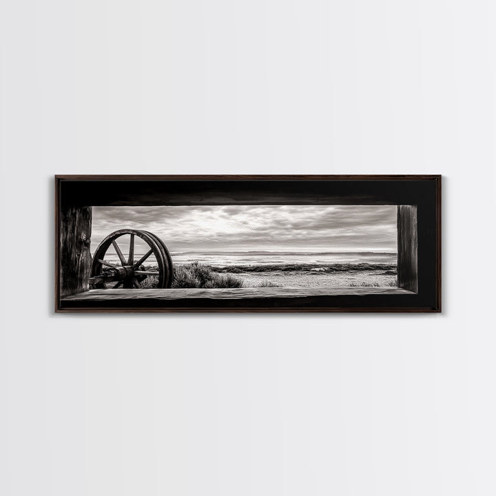 Black White Wagon, rustic decor, panoramic art, moody art, extra wide art, barn landscape oil painting, framed canvas print, living room art