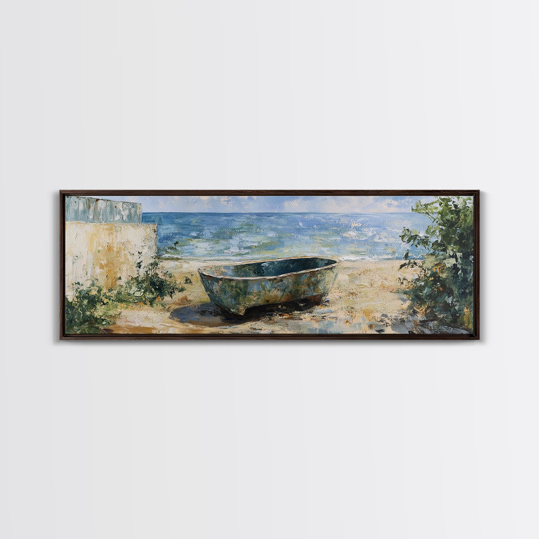 Beach Tub, rustic decor, coastal wall art, wabi sabi art, framed canvas print, farmhouse art, seascape painting, nautical decor