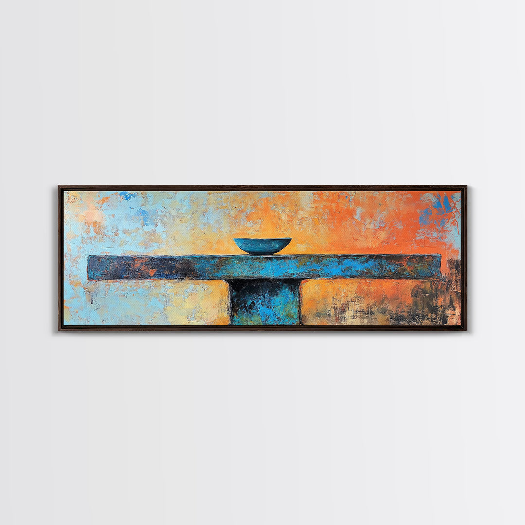 Blue Bowl, minimalist art, wabi sabi art, extra wide art, framed canvas print, sage green wall art, horizontal wall art, therapy art