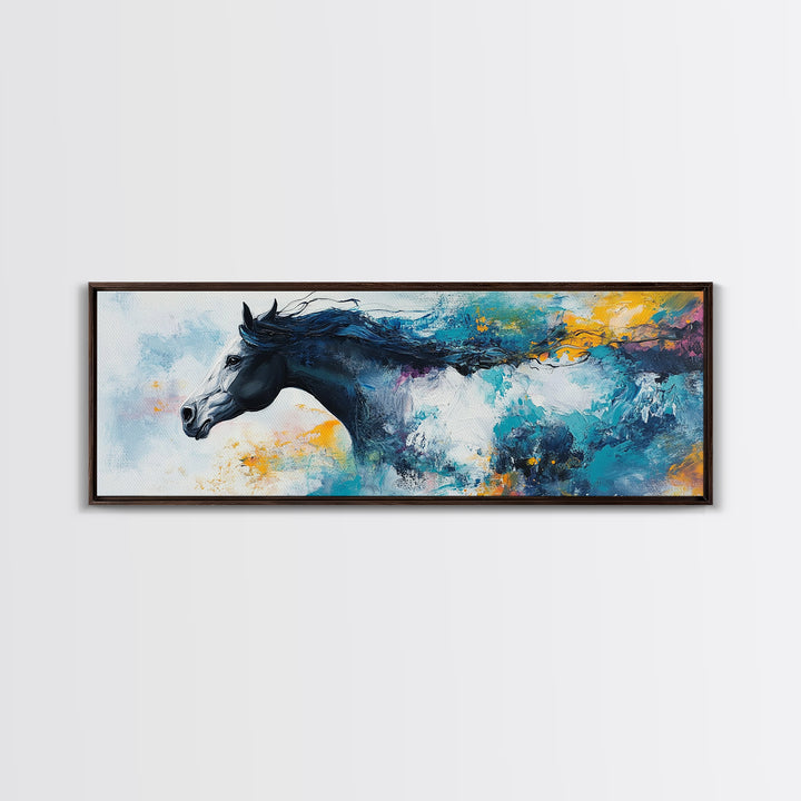 Horse Wall Art, Framed Canvas Print, Extra Wide Art, Blue and Green Wall Art, Moody Art, Rustic Decor, Panoramic Art, Farmhouse Art, Gift Idea for Him