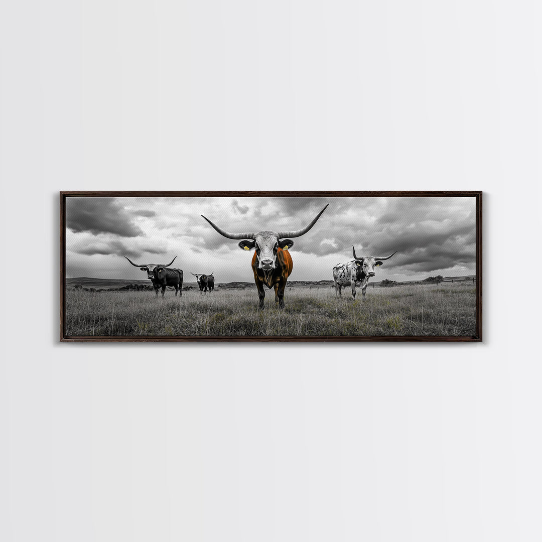 Texas Longhorns, Bull and Bear Art, Rustic Wall Art, Moody Art, Extra Wide Art, Framed Canvas Print, Horizontal Wall Art, Gift Idea
