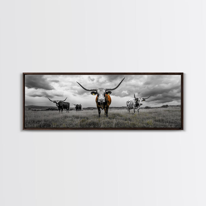 Texas Longhorns, Bull and Bear Art, Rustic Wall Art, Moody Art, Extra Wide Art, Framed Canvas Print, Horizontal Wall Art, Gift Idea
