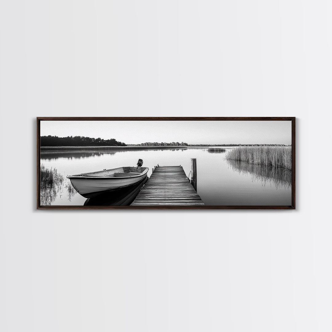 Boat On Dock, Nautical Wall Art, Framed Canvas Print, Coastal Landscape Art, Rustic Decor, Extra Wide Art, Minimalist Art, Bedroom Art