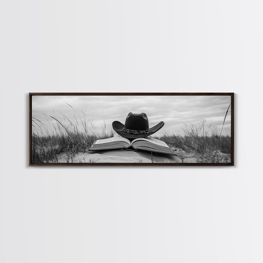 Cowboy Hat, wabi sabi art, rustic decor, farmhouse art, moody art, extra wide art, coastal wall art, framed canvas print, boho art