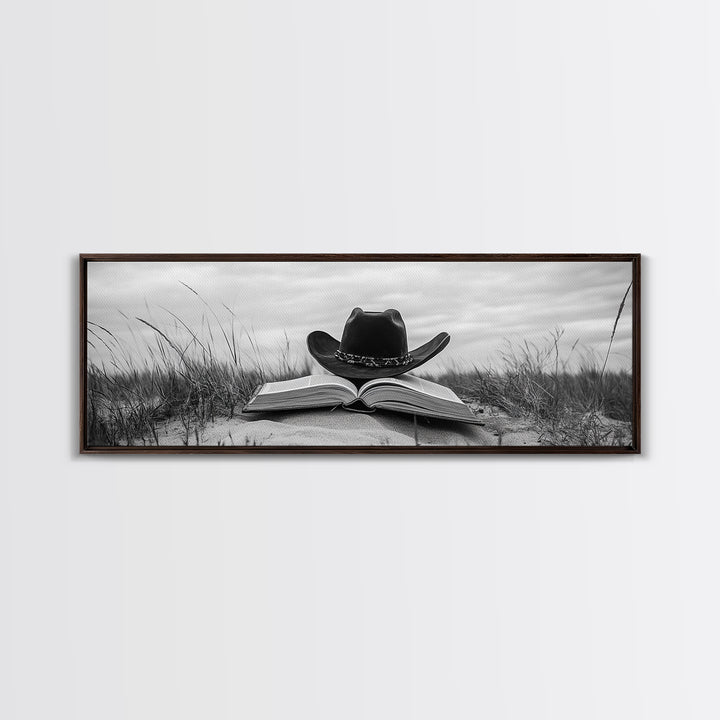 Cowboy Hat, wabi sabi art, rustic decor, farmhouse art, moody art, extra wide art, coastal wall art, framed canvas print, boho art