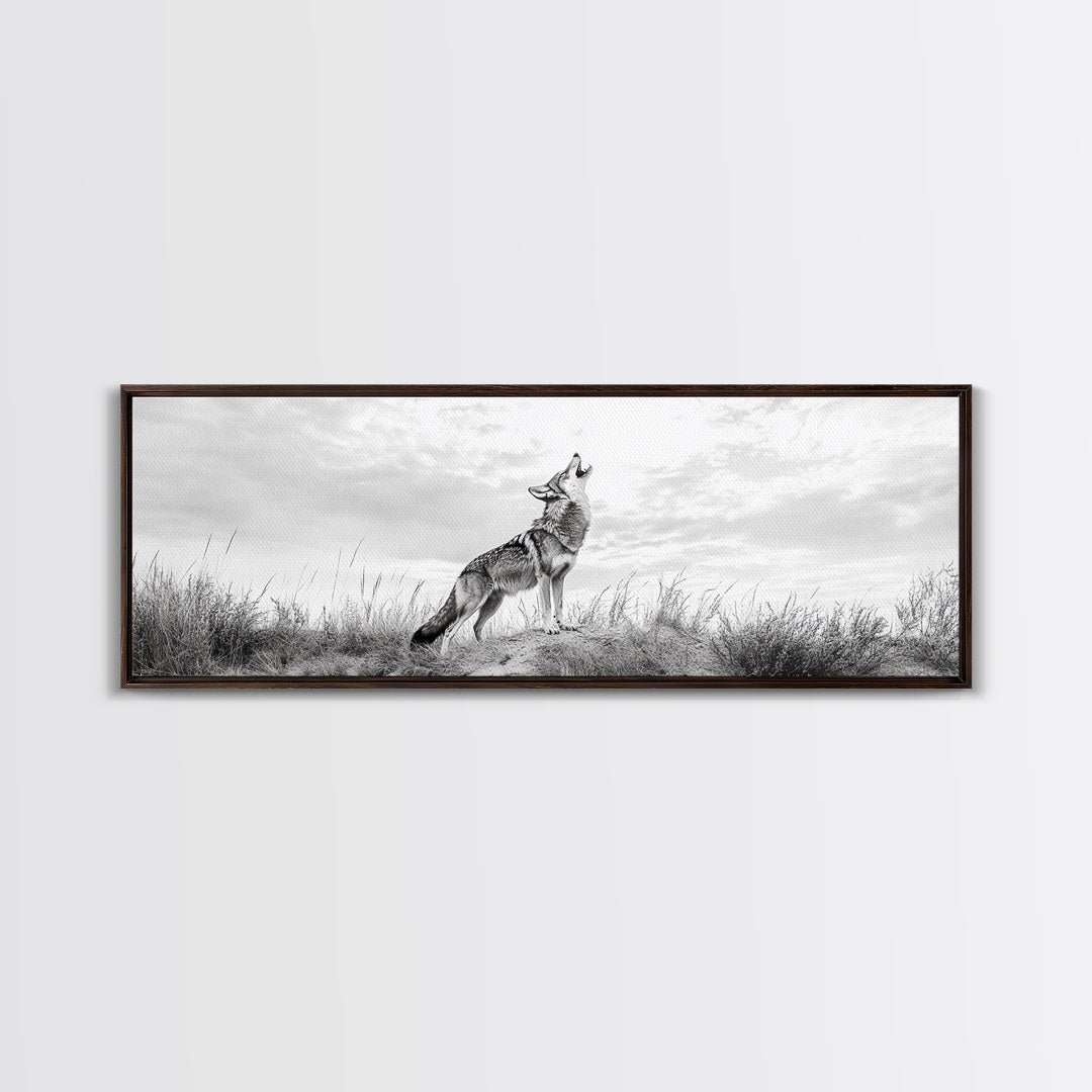 Lone Coyote, southwest wall art, wabi sabi art, extra wide art, moody art, landscape painting, framed canvas print, panoramic art