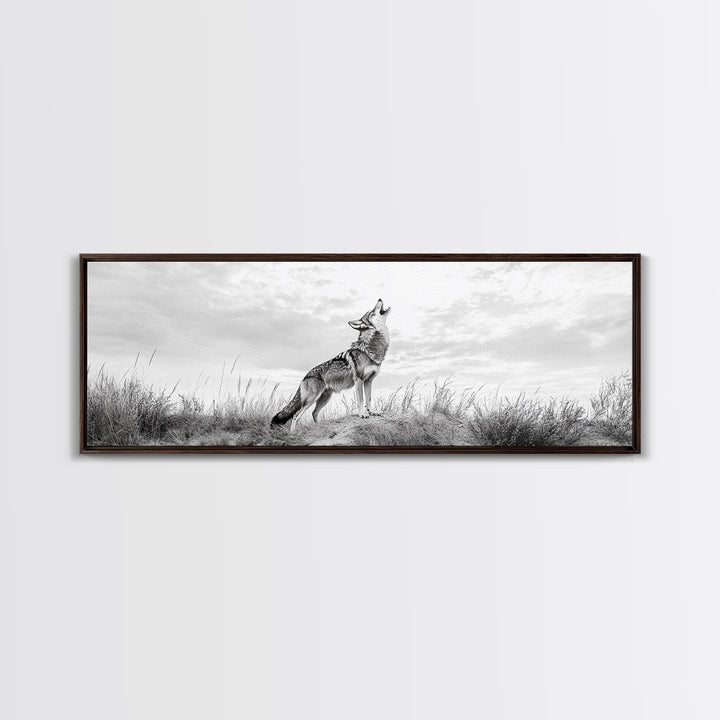 Lone Coyote, southwest wall art, wabi sabi art, extra wide art, moody art, landscape painting, framed canvas print, panoramic art