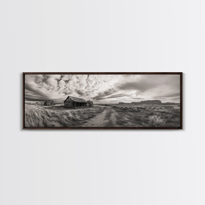 Abandoned cabin, western landscape, rustic wall art, panoramic art, extra wide art, southwest wall art, framed canvas print, farmhouse decor