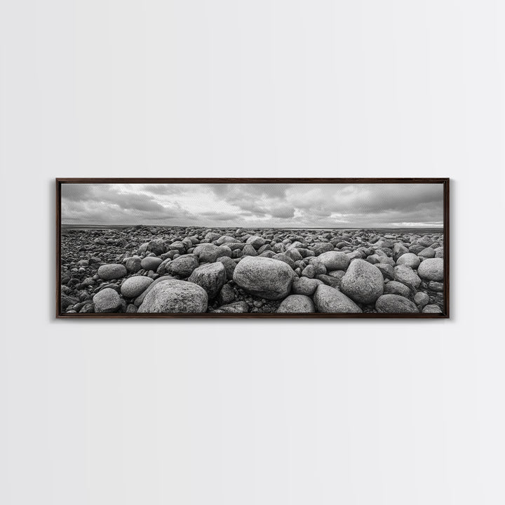Rocky terrain, minimalist art, wabi sabi art, panoramic art, extra wide art, landscape painting, framed canvas print, moody art, rustic decor