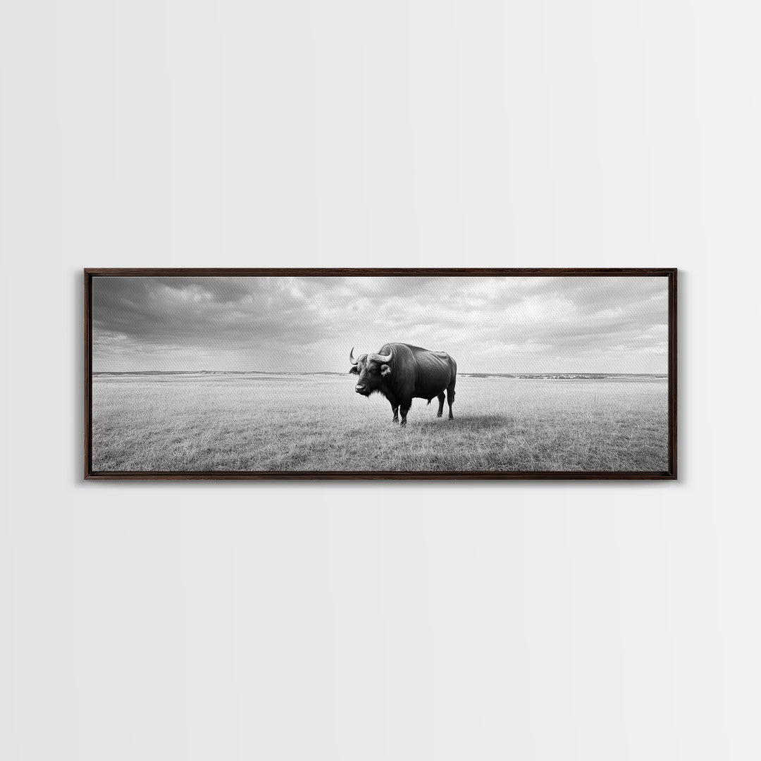 Lone buffalo, western landscape, rustic wall art, panoramic art, extra wide art, farmhouse decor, framed canvas print, wildlife painting, bull and bear art