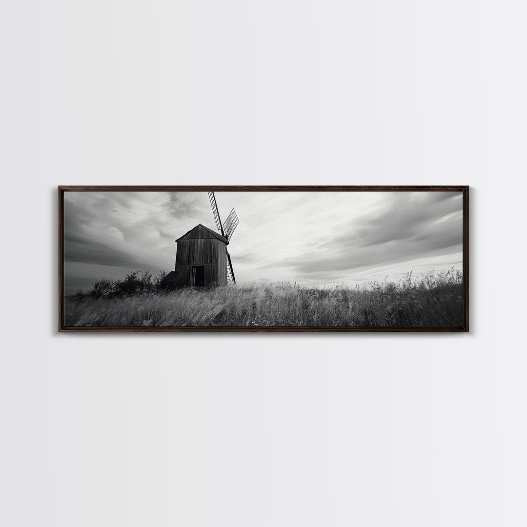 Rustic Windmill, panoramic art, farmhouse art, extra wide wall art, windmill wall art, landscape painting, framed canvas print