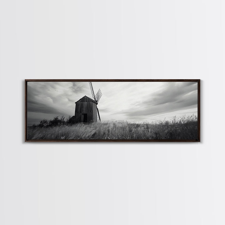 Rustic Windmill, panoramic art, farmhouse art, extra wide wall art, windmill wall art, landscape painting, framed canvas print