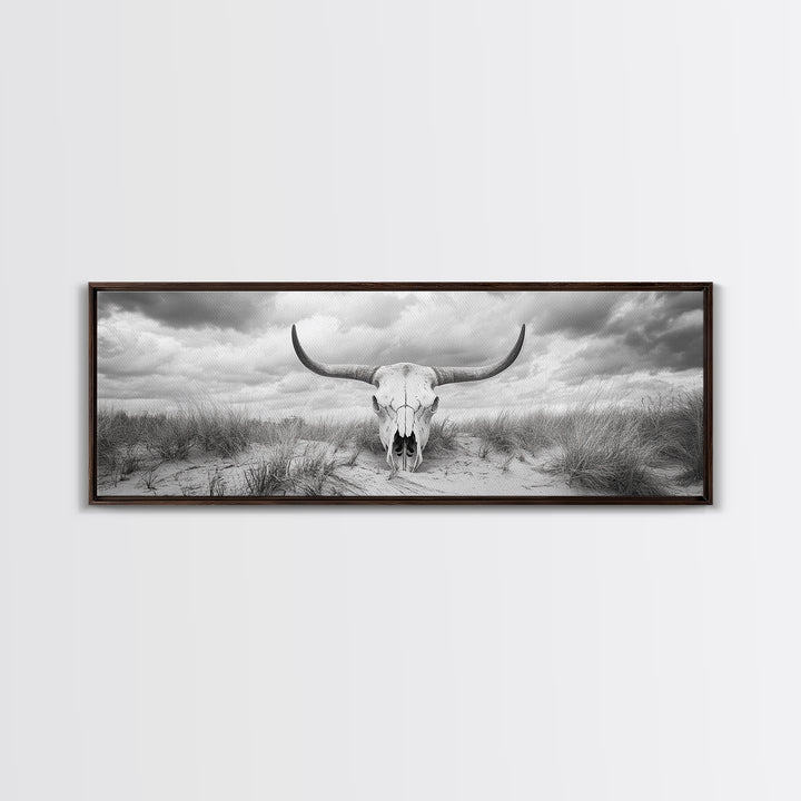 Longhorn Skull, skull art, western wall art, rustic decor, moody art, desert painting, farmhouse art, panoramic art, framed canvas print