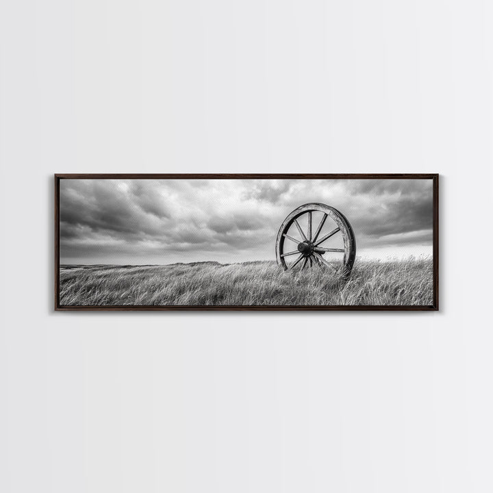 Wagon Wheel, rustic decor, farmhouse art, extra wide art, panoramic painting, country decor, cowboy art, framed canvas print, moody art