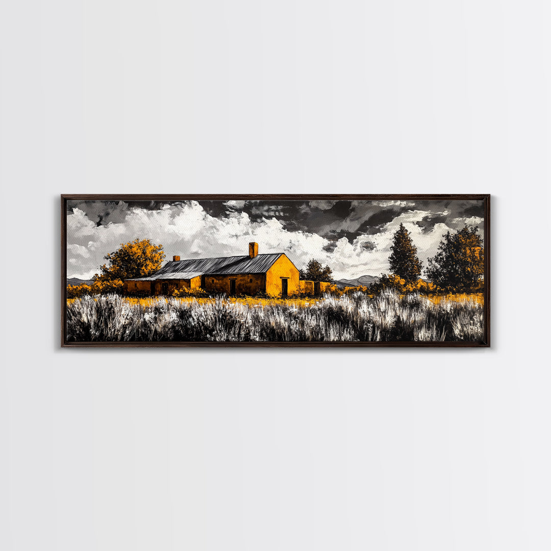 Adobe House, southwest wall art, rustic decor, farmhouse art, warm tones, panoramic art, moody art, extra wide art, framed canvas print