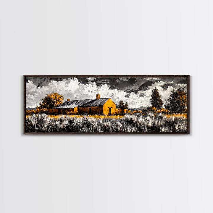 Adobe House, southwest wall art, rustic decor, farmhouse art, warm tones, panoramic art, moody art, extra wide art, framed canvas print
