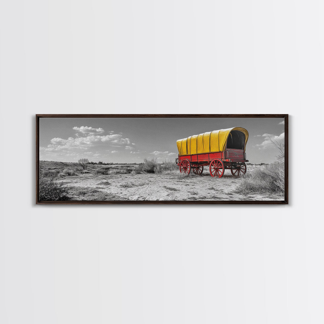 Covered Wagon, Pioneer Art, Old West Decor, Historical Wall Art, Rustic Decor, Landscape Painting, Panoramic Art, Framed Canvas Print