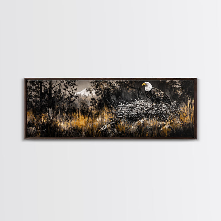 Bald Eagle, wildlife art, eagle painting, southwest wall art, rustic decor, panoramic painting, moody art, framed canvas print, above sofa art