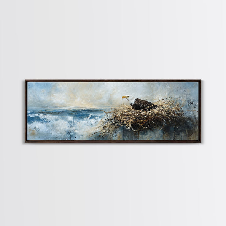 Eagle Nest, bird art, wildlife painting, coastal wall art, seascape painting, moody art, extra wide art, framed canvas print, above sofa art