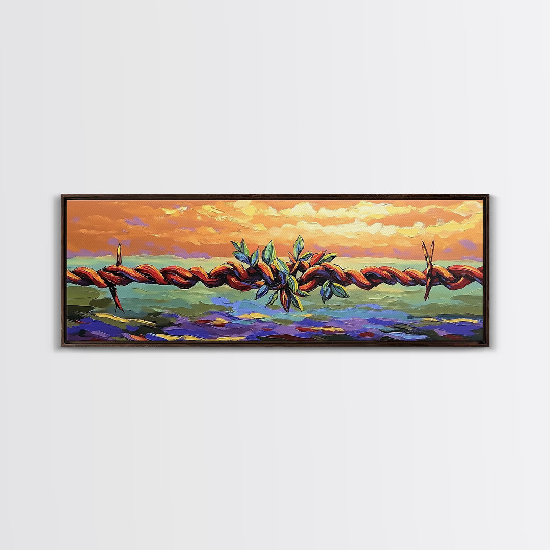 Barbed Wire Sunset, rustic wall art, southwest wall art, vibrant painting, western decor, long narrow wall art, framed canvas print