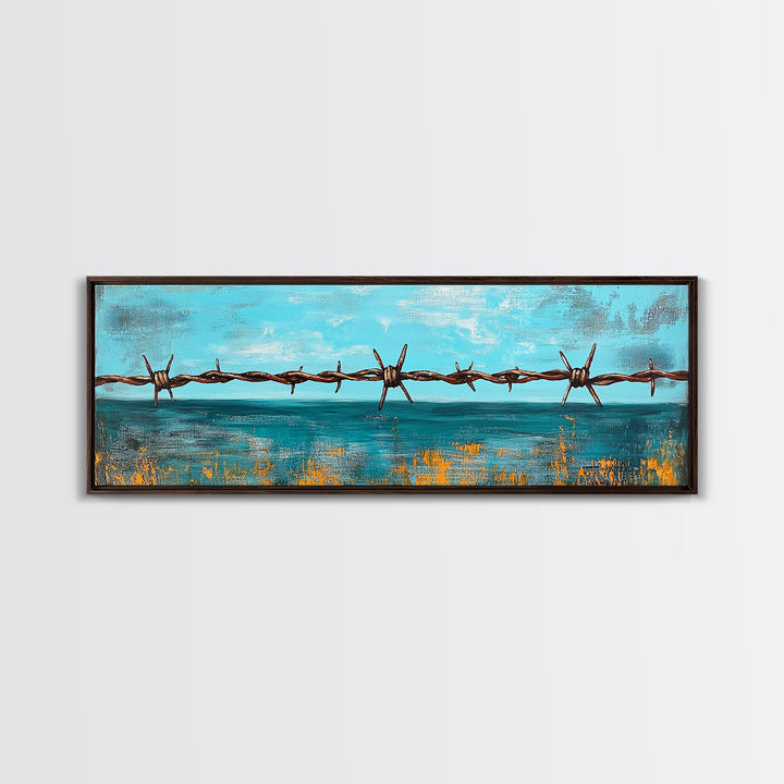Barbed Wire Ocean, coastal decor, rustic art, farmhouse painting, minimalist painting, extra wide art, framed canvas print, moody art