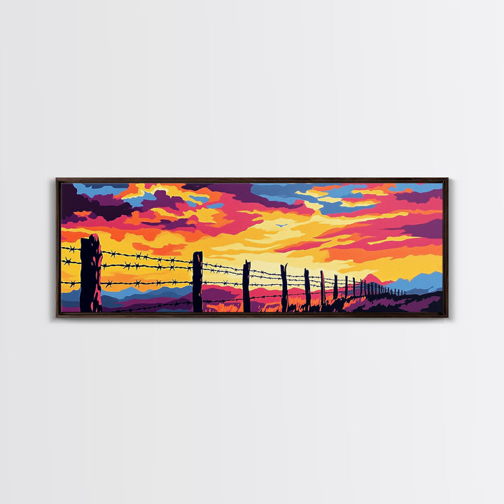 Barbed Wire Fence, southwest wall art, rustic decor, cowboy painting, panoramic art, long narrow wall art, framed canvas print, farmhouse art