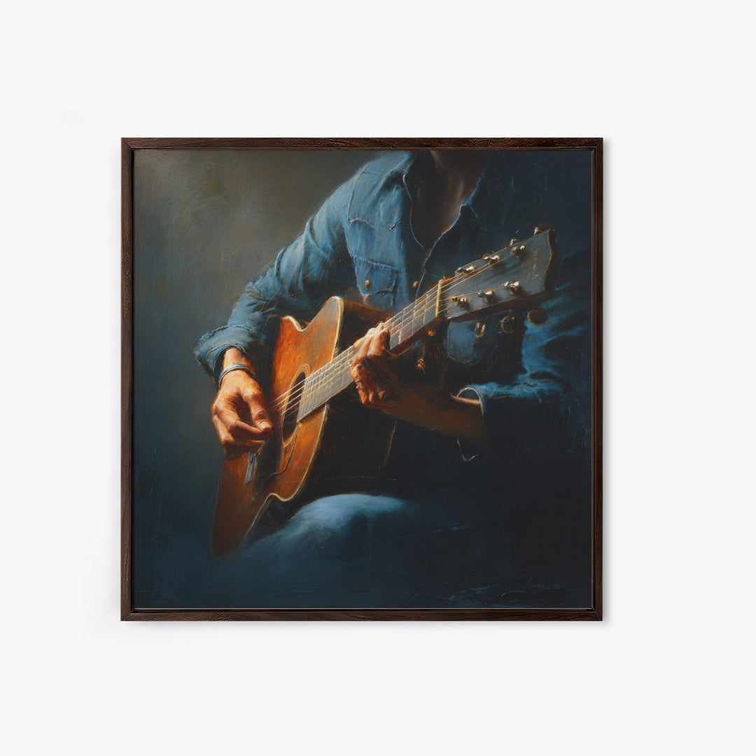 Musician Hands on Guitar Strings Canvas Print, Recording Studio Art, Music Wall Art, Studio Decor, Oil Painting, Analog, RSA-1x1-15