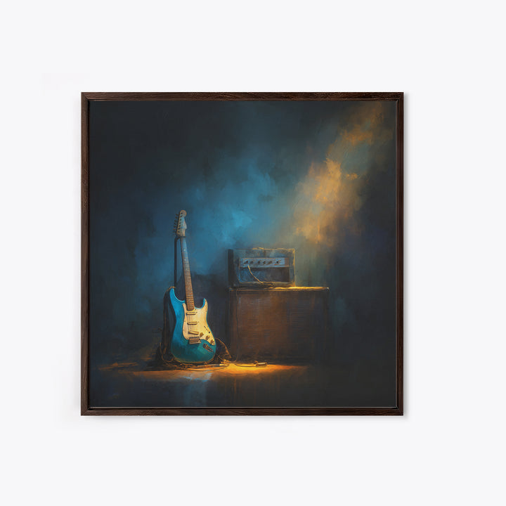 Electric Guitar Beside a Studio Amp Framed Canvas Print, Recording Studio Art, Wall Sculpture, Studio Decor, Oil Painting, RSA-1x1-28