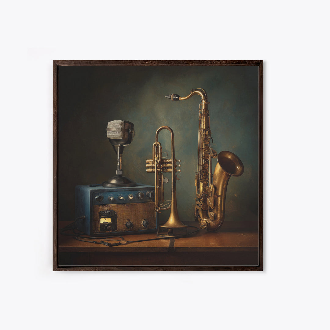Jazz Trumpet and Microphone Still Life Canvas Print, Recording Studio Art, Unique Home Decor, Studio Decor, Fine Art, Analog, RSA-1x1-31