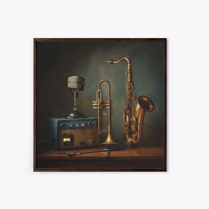 Jazz Trumpet and Microphone Still Life Canvas Print, Recording Studio Art, Unique Home Decor, Studio Decor, Fine Art, Analog, RSA-1x1-31