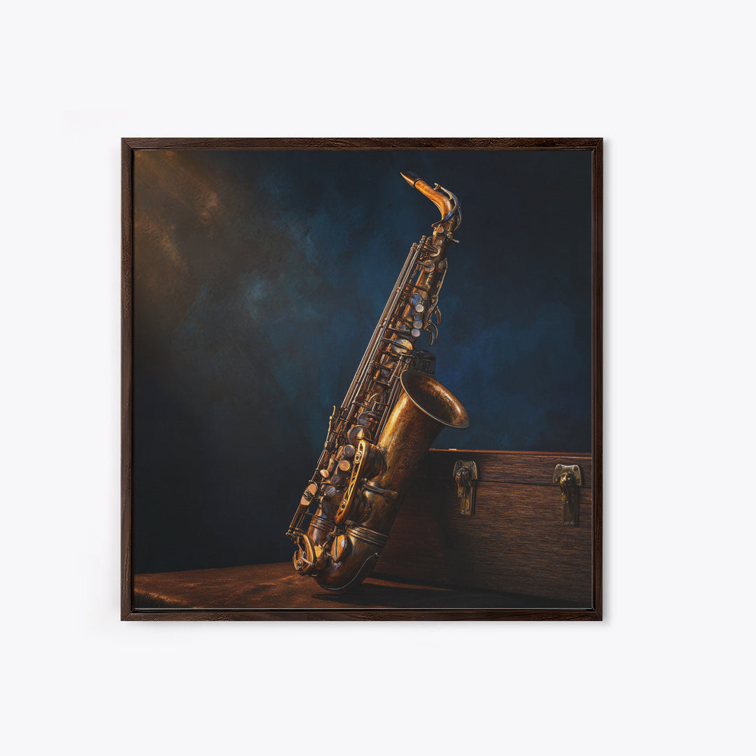 Brass Saxophone on Dark Velvet Framed Canvas Print, Recording Studio Art, Luxury Decor, Studio Decor, Fine Art, Analog, RSA-1x1-40