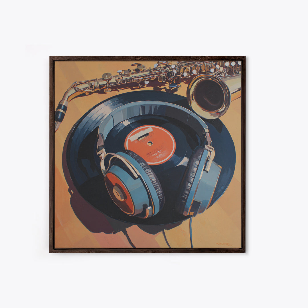 Headphones Resting on a Vinyl Record Canvas Print, Recording Studio Art, Headphones Poster, Studio Decor, Fine Art, Analog, RSA-1x1-5