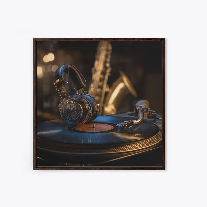 Headphones Resting on a Vinyl Record Framed Canvas Print, Recording Studio Art, Music Room Decor, Studio Decor, Analog, RSA-1x1-53