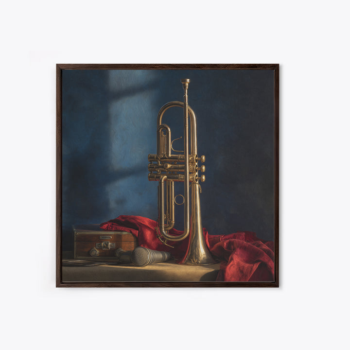 Jazz Trumpet and Microphone Still Life Framed Canvas Print, Recording Studio Art, Retro Wall Art, Studio Decor, Analog, RSA-1x1-7