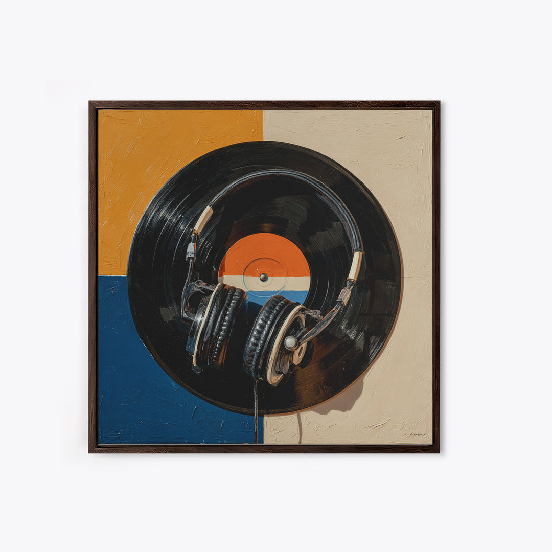 Headphones Resting on a Vinyl Record Canvas Print, Recording Studio Art, Modern Decor, Studio Decor, Fine Art, Analog, RSA-1x1-77