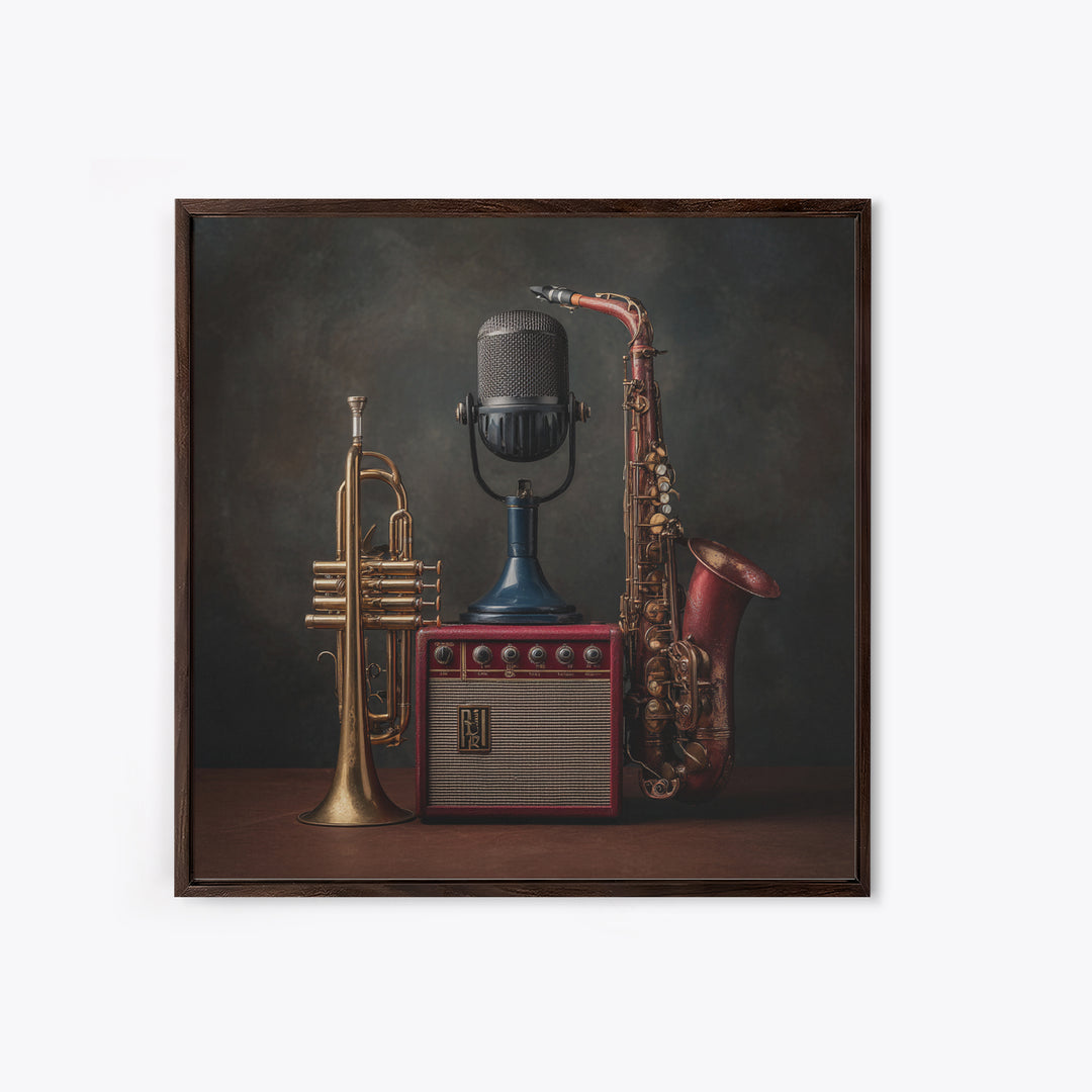 Jazz Trumpet and Microphone Still Life Framed Canvas Print, Recording Studio Art, Gallery Decor, Studio Decor, Oil Painting, RSA-1x1-79