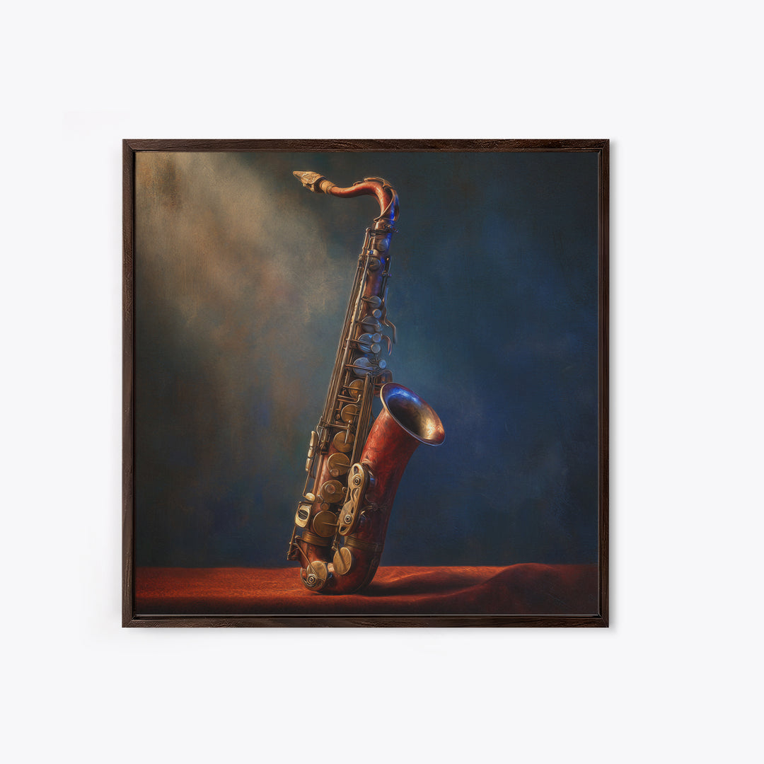 Brass Saxophone on Dark Velvet Framed Canvas Print, Recording Studio Art, Art Print, Studio Decor, Analog, Wall Sculpture, RSA-1x1-88