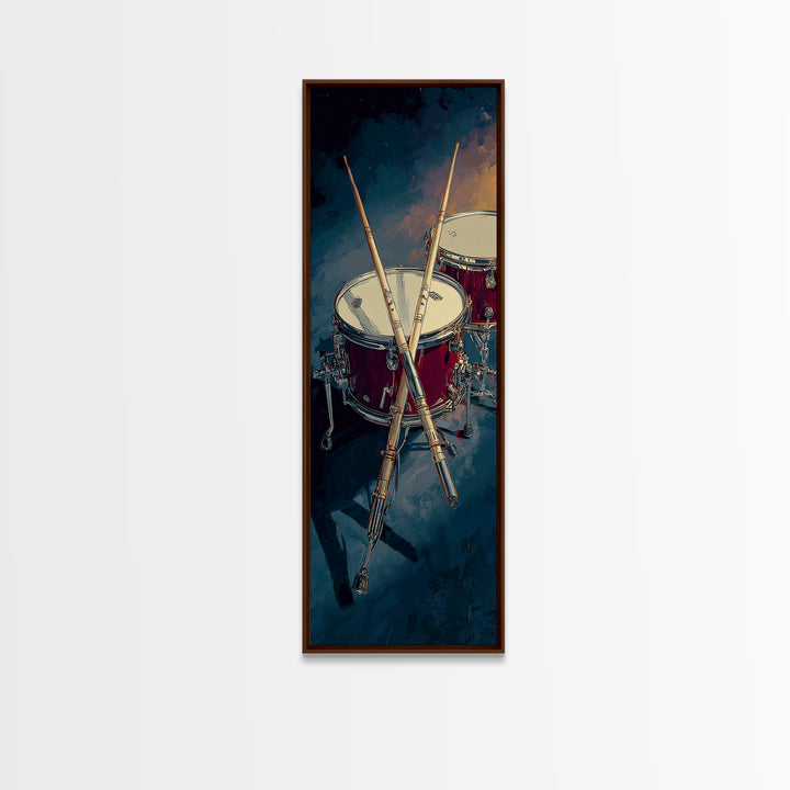 Drumsticks Crossed over Snare Drum Framed Canvas Print, Recording Studio Art, Musician Posters, Studio Decor, Fine Art, Analog, RSA-1x3-70