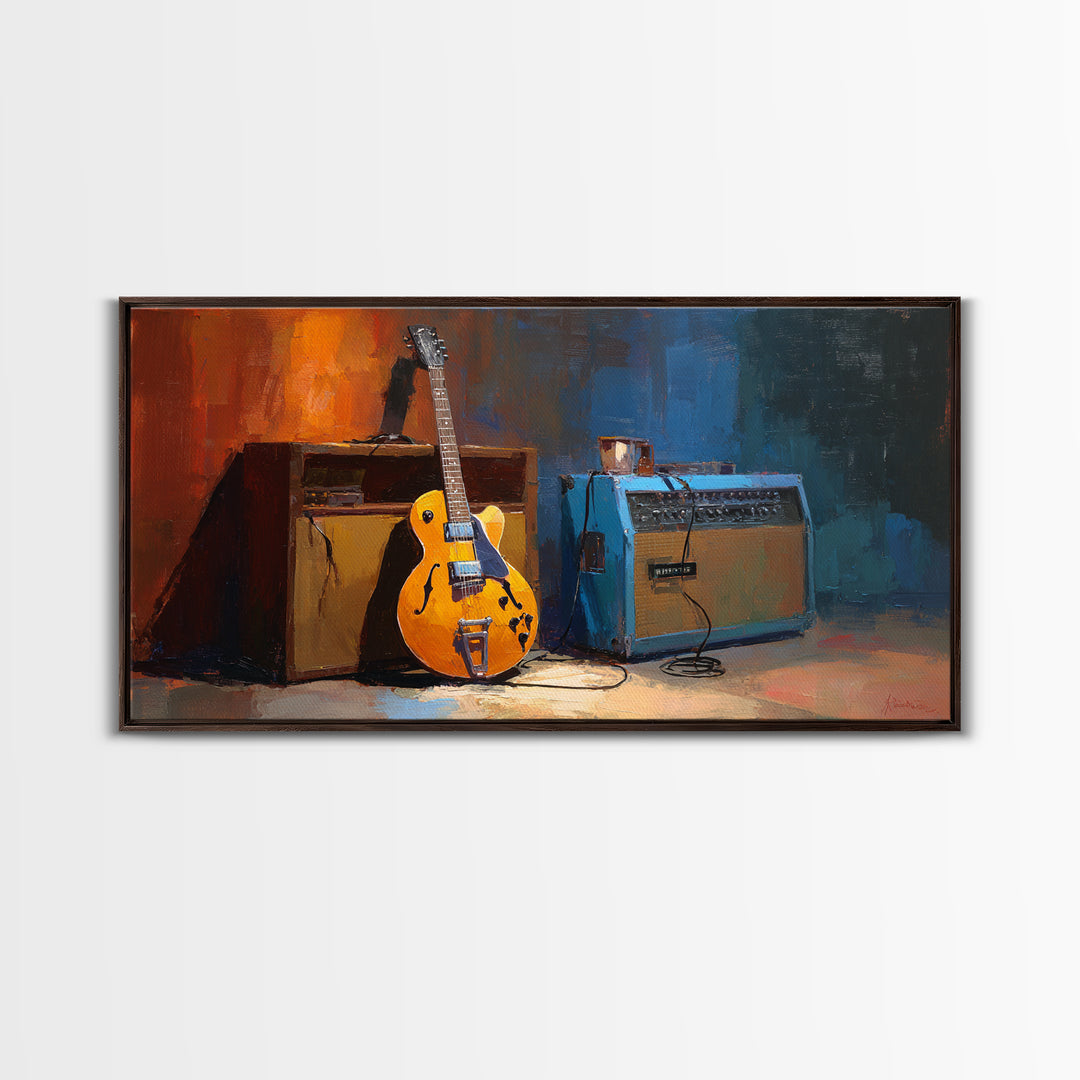 Electric Guitar Beside a Studio Amp Framed Canvas Print, Recording Studio Art, Textured Painting, Studio Decor, Analog, RSA-2x1-24