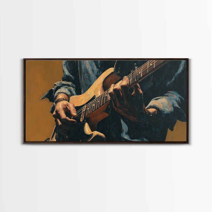 Musician Hands on Guitar Strings Framed Canvas Print, Recording Studio Art, Room Decor, Studio Decor, Fine Art, Analog, RSA-2x1-83