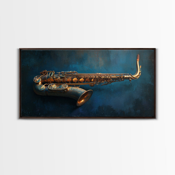 Brass Saxophone on Dark Velvet Framed Canvas Print, Recording Studio Art, Kids Room Art, Studio Decor, Fine Art, Analog, RSA-2x1-84