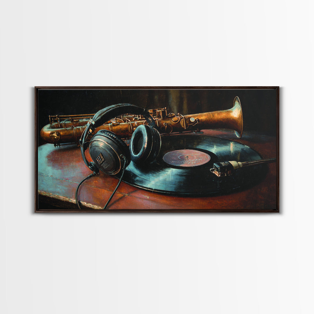Headphones Resting on a Vinyl Record Framed Canvas Print, Recording Studio Art, Modern Wall Art, Studio Decor, Fine Art, Analog, RSA-2x1-97