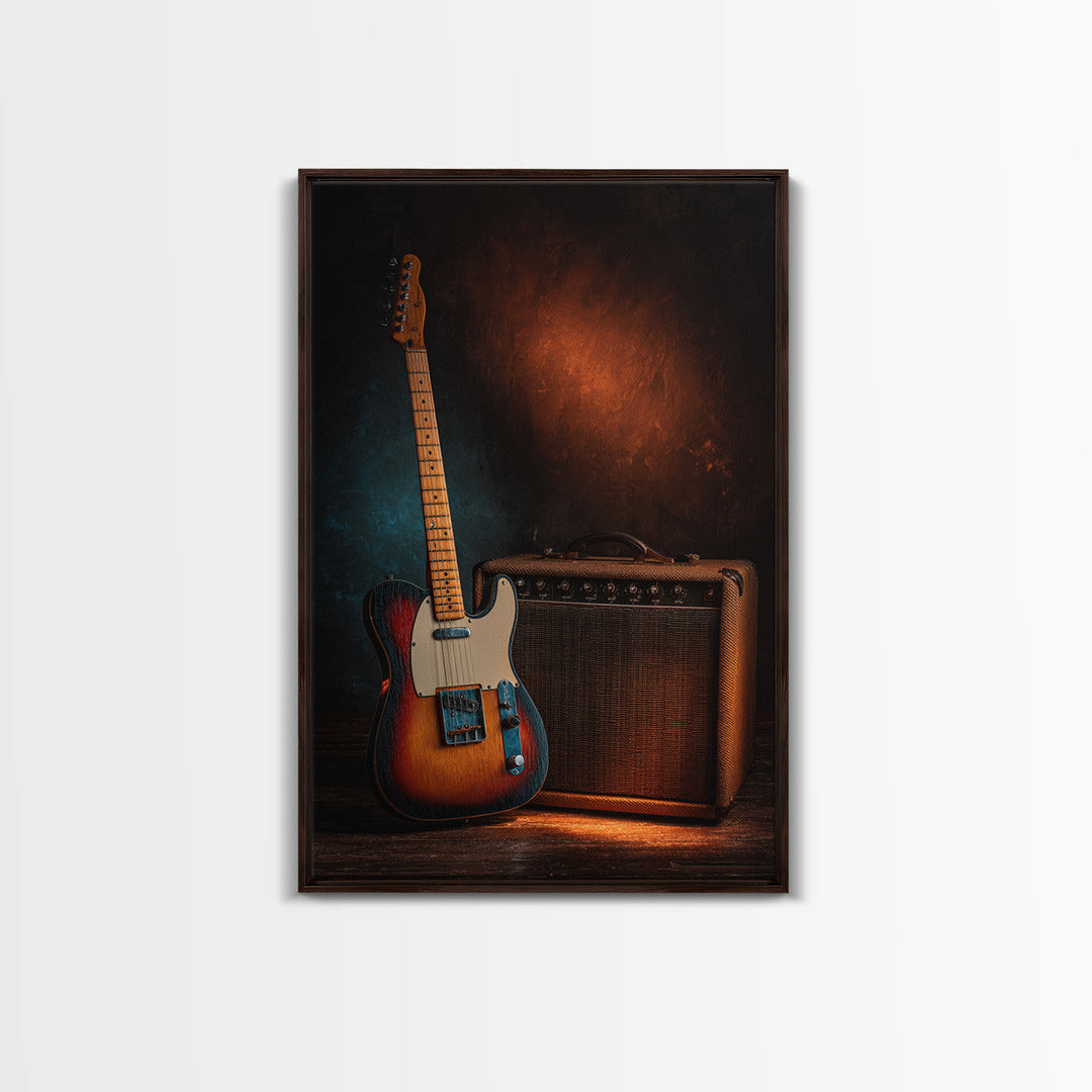 Electric Guitar Beside a Studio Amp Framed Canvas Print, Recording Studio Art, Fine Art Print, Studio Decor, Oil Painting, RSA-2x3-12